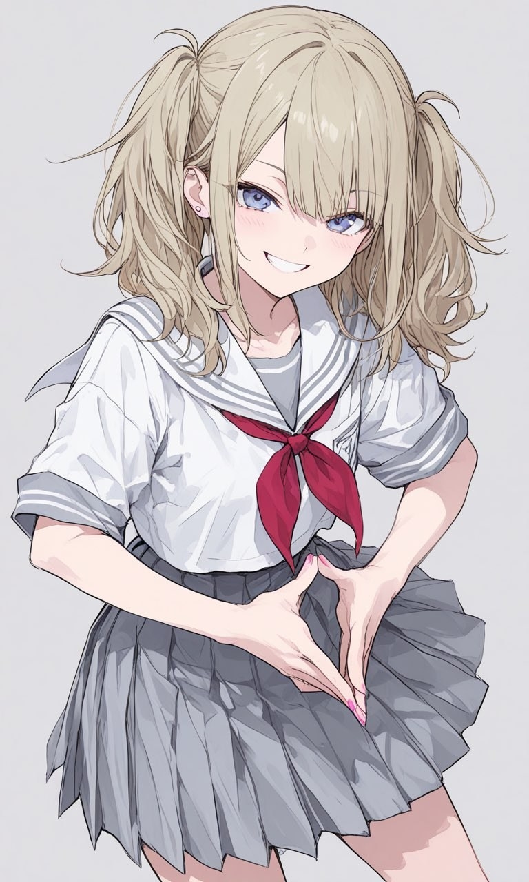 An anime girl in a white sailor uniform and gray pleated skirt embodies a youthful vibe