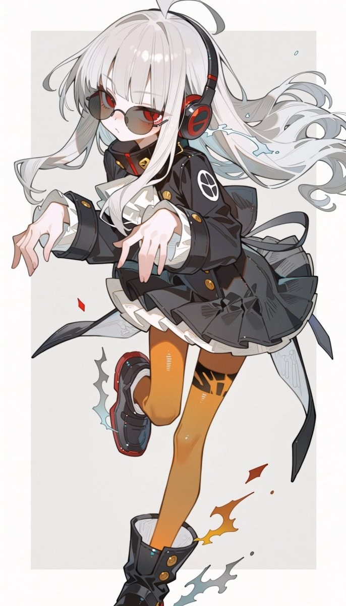 A silver-haired girl in a stylish black uniform, with red eyes and sunglasses paired with headphones