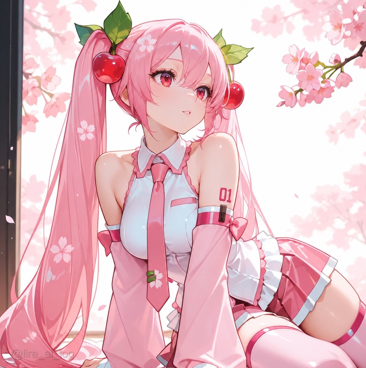 粉发双马尾动漫少女身着粉白制服跪坐樱花背景