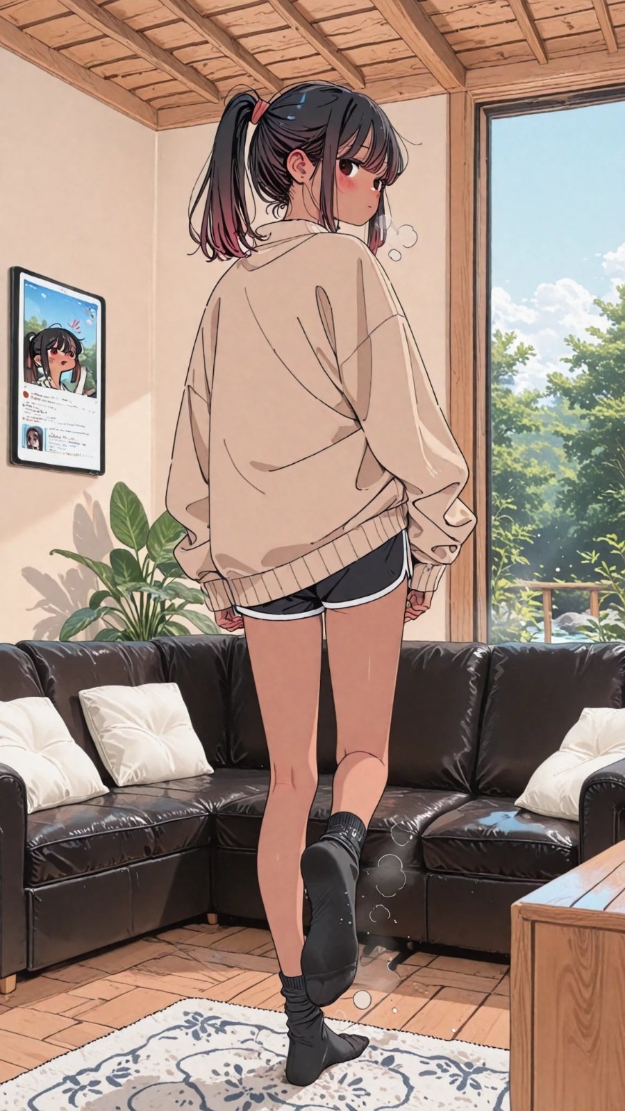 Ein Mädchen in einem lockeren beigen Sweatshirt und einer schwarzen Shorts dreht sich um