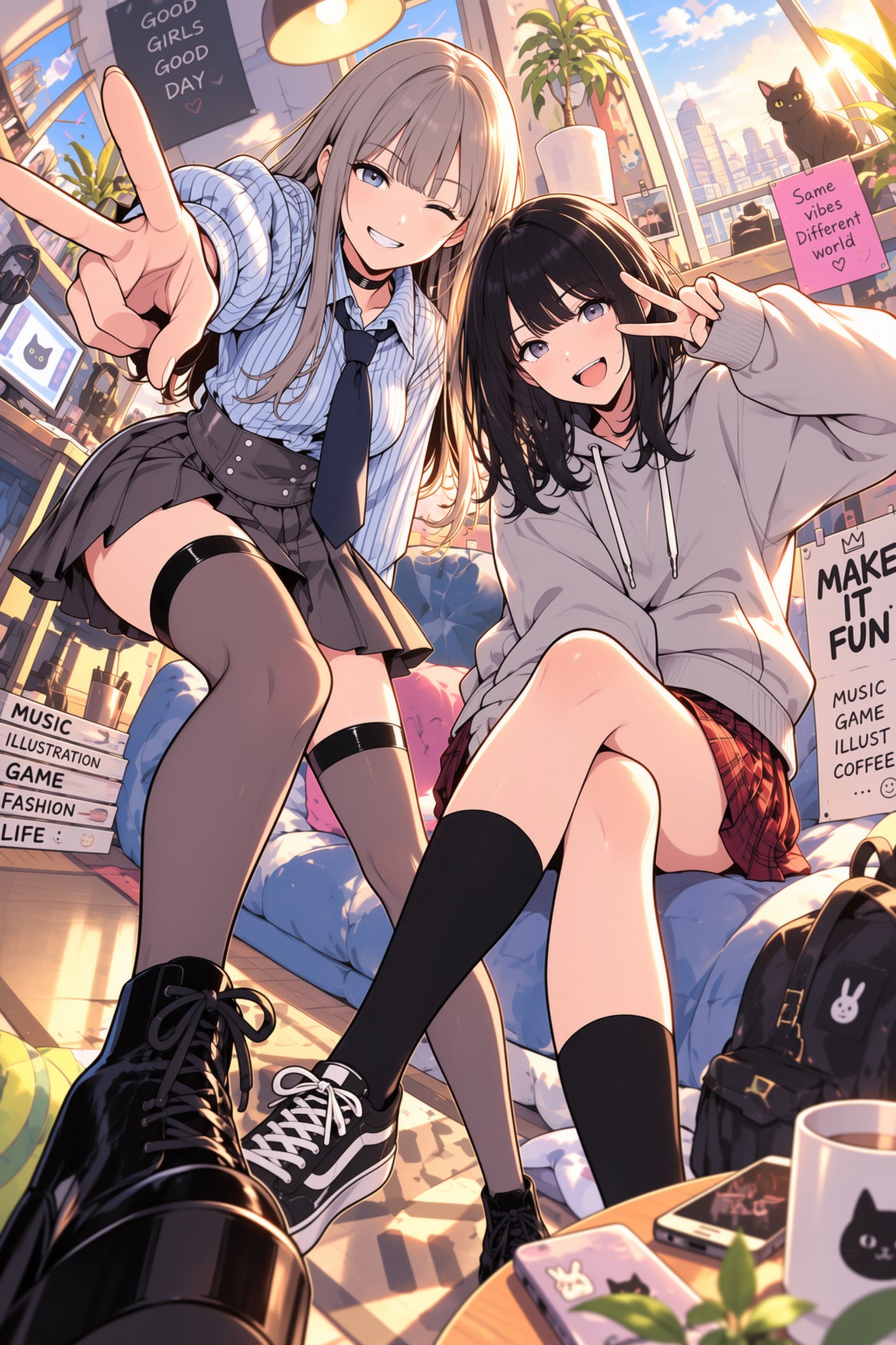 二人の少女が温かい部屋で萌え系の制服姿でVサインをしている