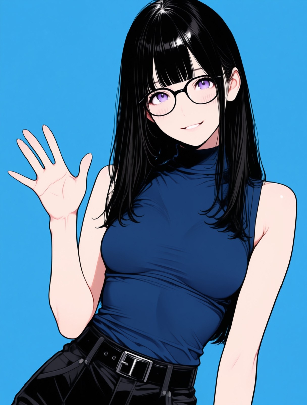黒髪のアニメスタイルの女性が笑いながら手を振る