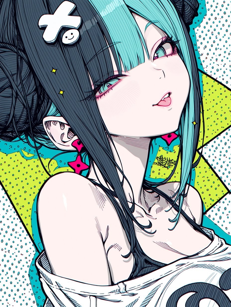 Pop art style close-up portrait of an anime woman with black and teal long hair, white X-shaped smile hairpin, pink eyeshadow, lazy teal eyes, slightly parted red lips, pink star earrings, teal graffiti-style choker, white off-shoulder top revealing collarbone, strong color contrast in geometric background