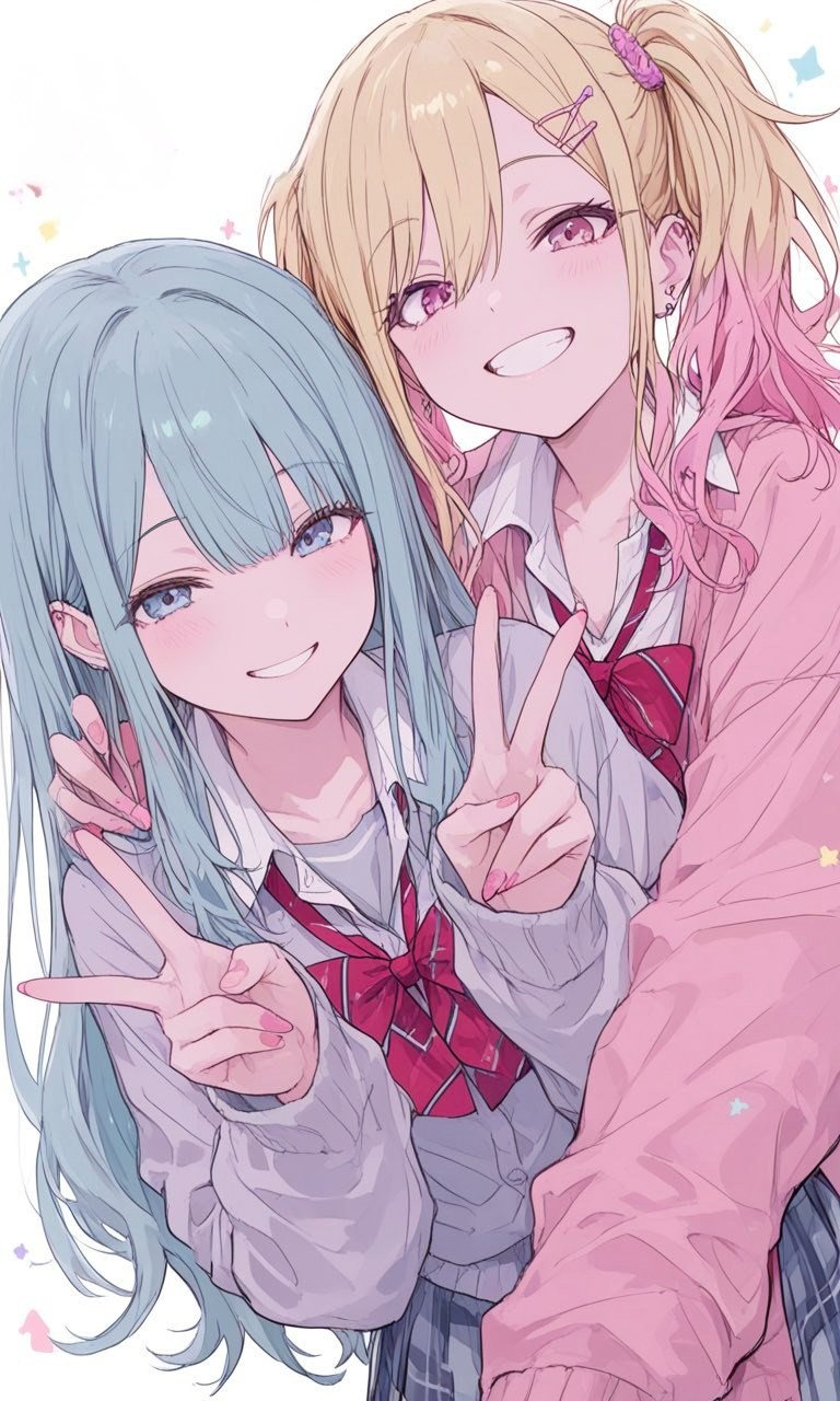两位动漫少女身着校服合影