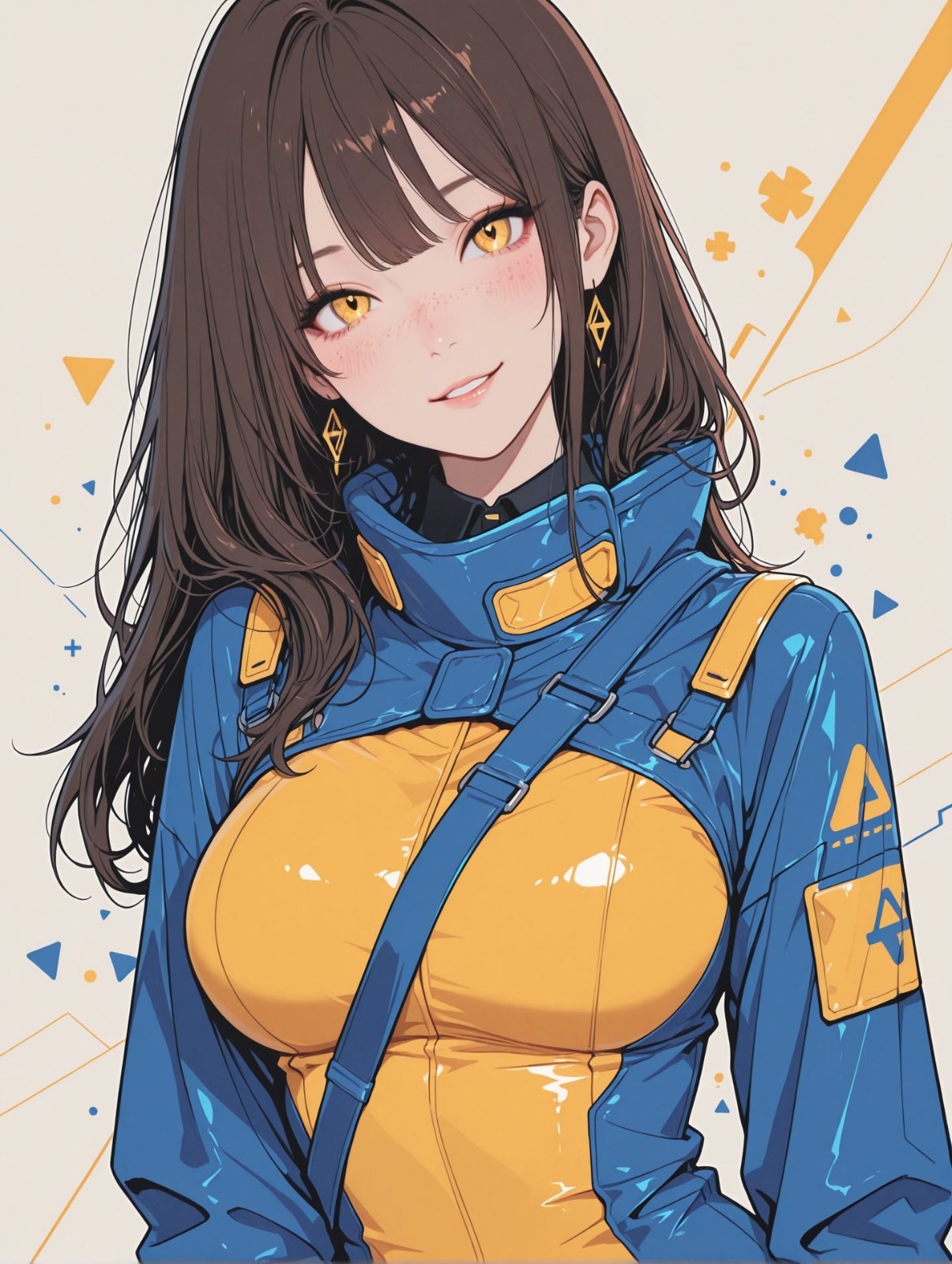 An anime female character with long brown hair and golden eyes, wearing gold earrings and a blue-yellow high-neck jacket, showing a gentle smile