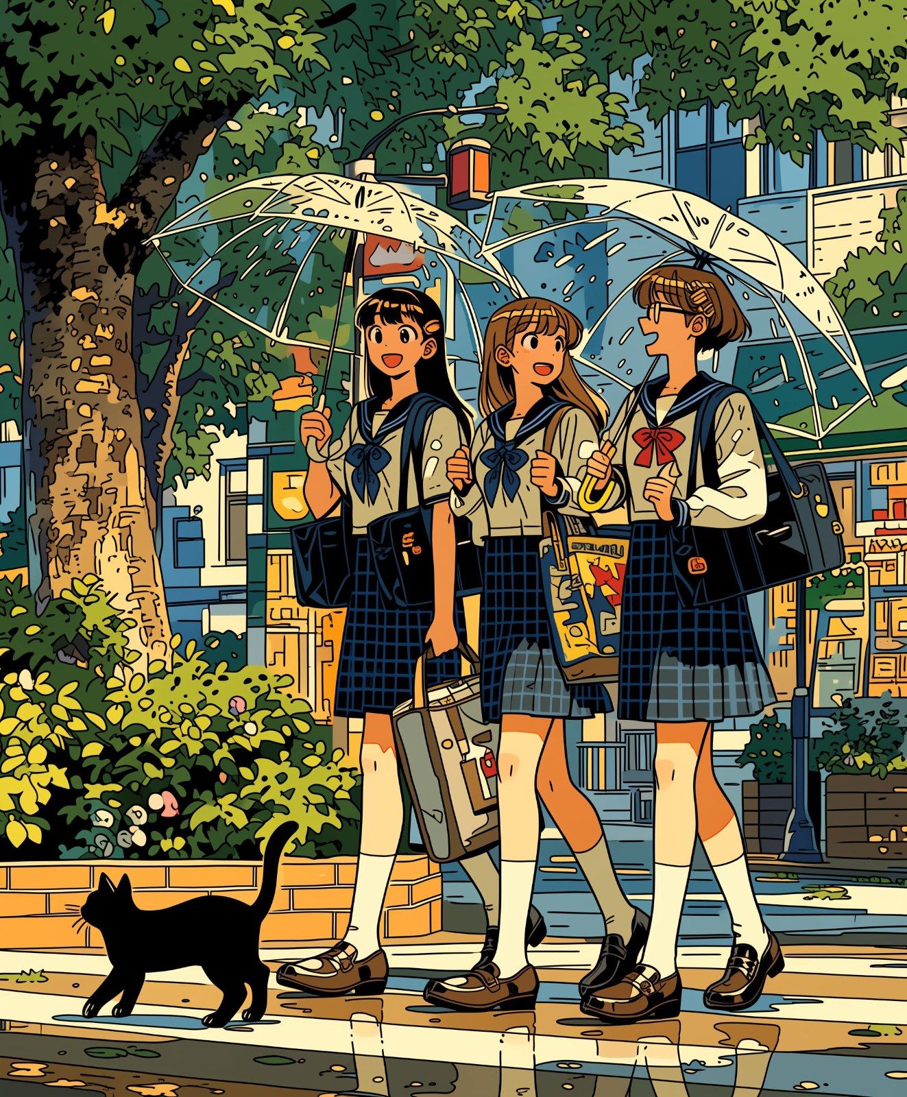 Three female students in sailor outfits and plaid skirts walk together on the city street, holding a transparent umbrella and smiling while chatting
