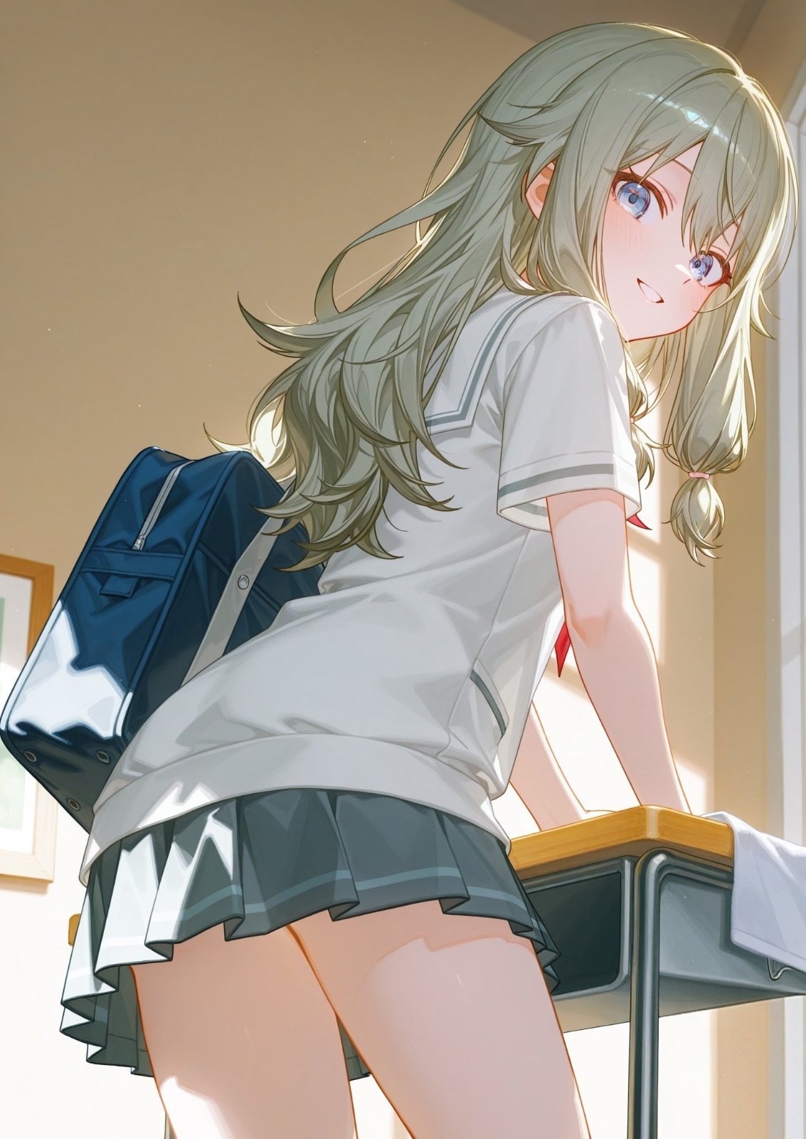 A girl with long gray-green hair wears a white sailor collar short-sleeve top and a dark gray pleated skirt while carrying a deep blue backpack