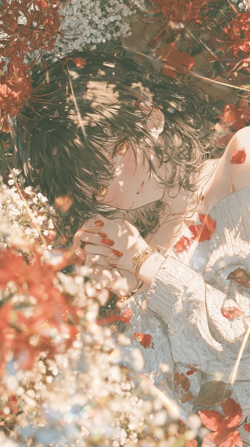 黒髪のアニメ少女が花の中に横たわり、穏やかな表情を浮かべている