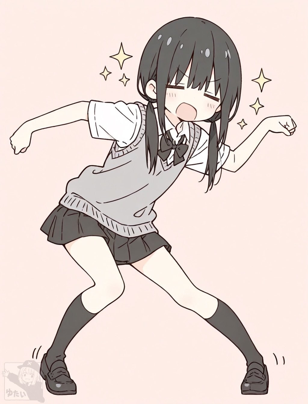 黑色长发的动漫女孩穿着日式校服，展现活力姿势