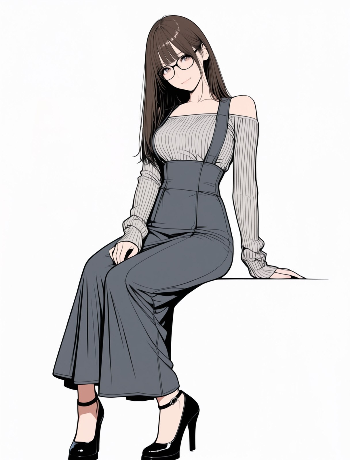 A female character is wearing an off-shoulder striped knit and dark gray high-waisted wide-leg pants