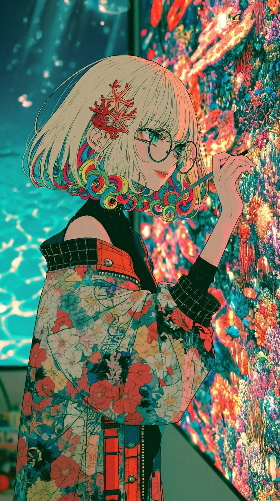 A short-haired girl turns her head, wearing a black off-shoulder top and floral jacket with a vibrant mural in the background