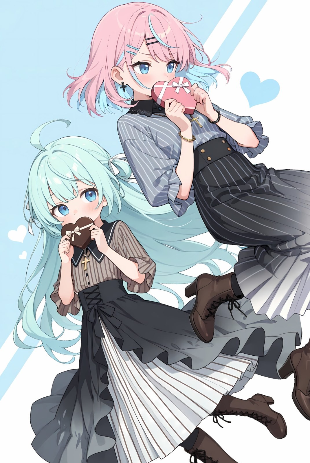 Two anime girls float against a heart patterned background