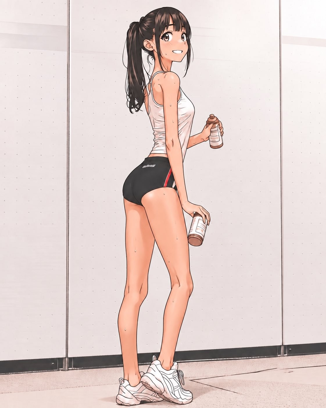 검은색 높은 포니테일 청년 여성은 흰색 민소매와 검은색 운동 반바지를 입고 음료를 들고 미소를 짓는다