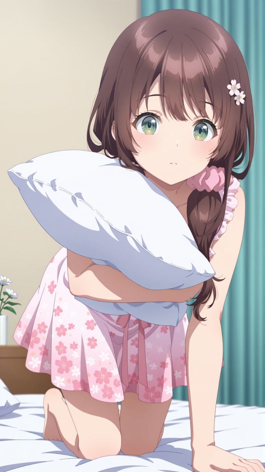 A girl with brown hair and green eyes is sitting on the bed in a pink cherry blossom pajama