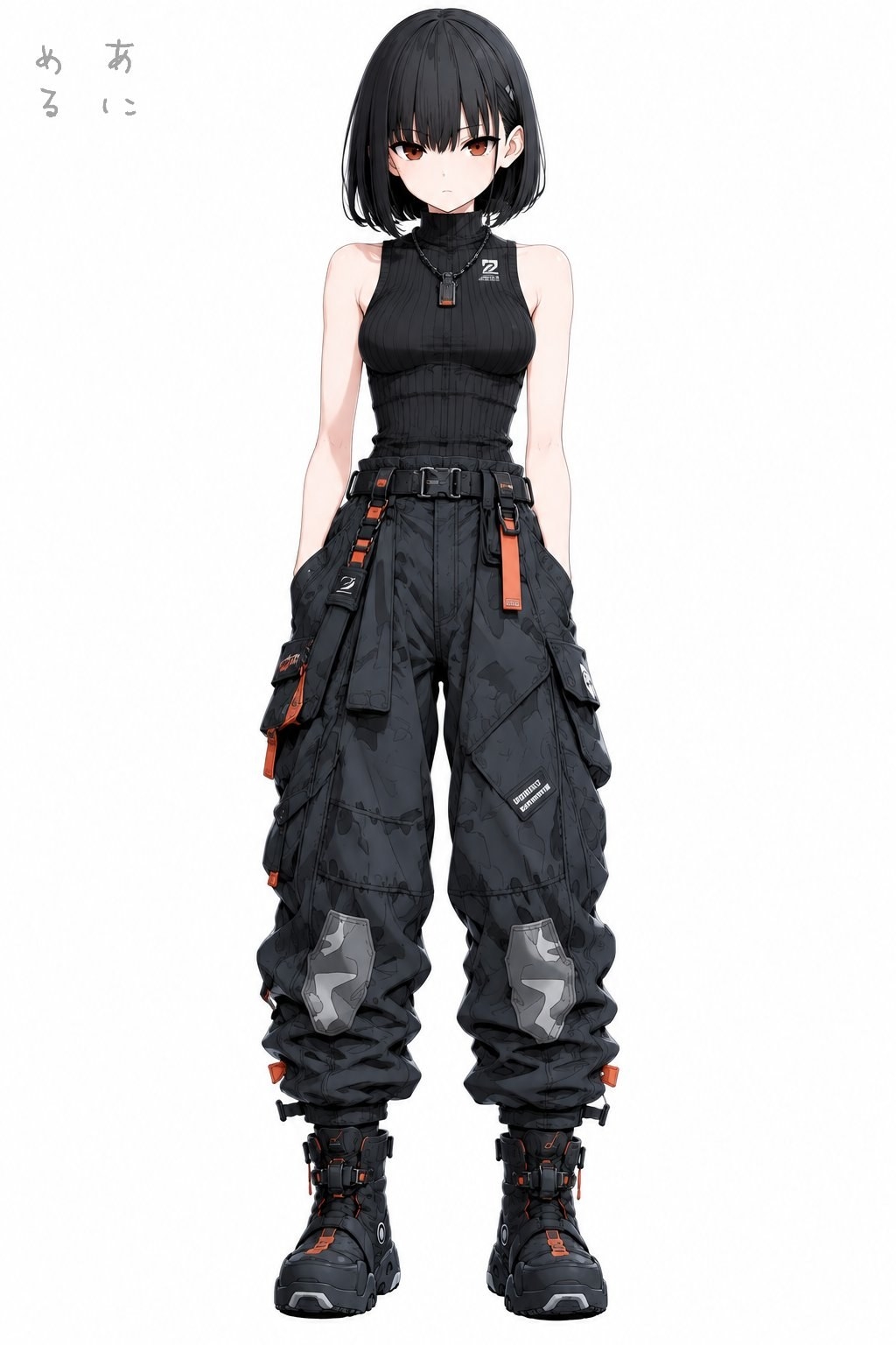 Anime girl with black hair and red eyes wears black sleeveless turtleneck and camo cargo pants