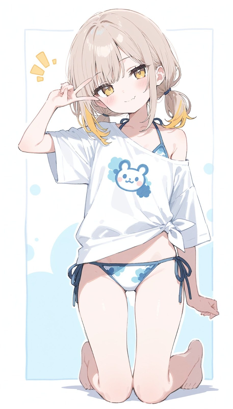 Light-colored twin-tail anime girl kneeling and smiling wearing white loose T-shirt and blue-white patterned bikini bottoms