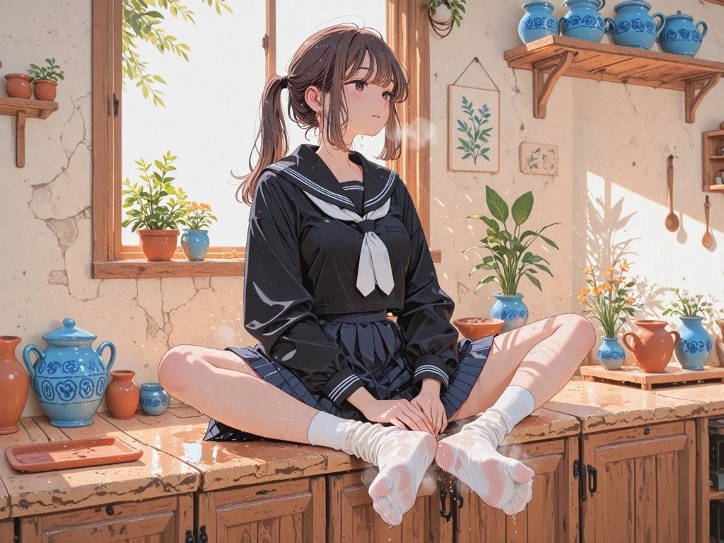 옆으로 포니테일을 한 소녀가 검은색 세일러복과 어두운 플리츠 치마를 입고 나무 테이블에 앉아 있다