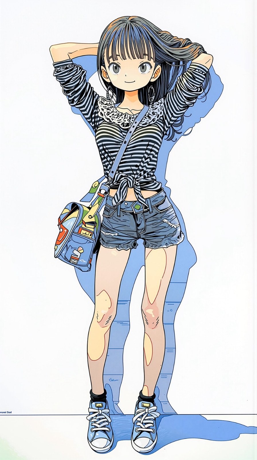 Uma garota está vestindo uma blusa listrada em preto e branco e shorts de jeans desfiados
