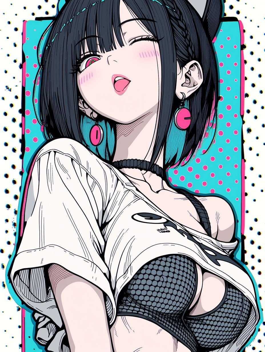A Japanese anime style female character wears a loose white off-shoulder top