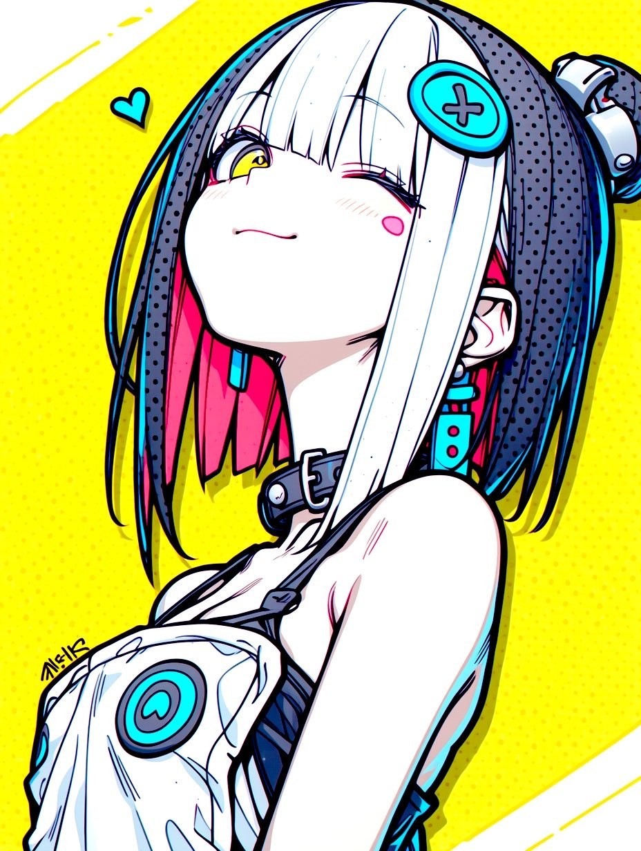 A half-body close-up of a cyberpunk style anime girl
