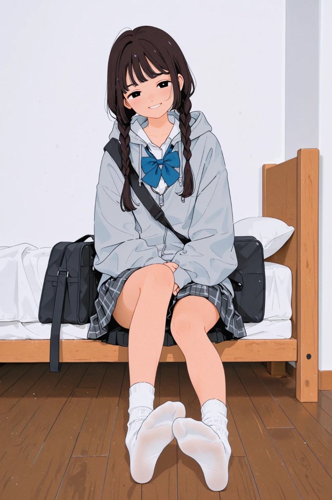 A girl in a hoodie and plaid skirt sits on the edge of a bed
