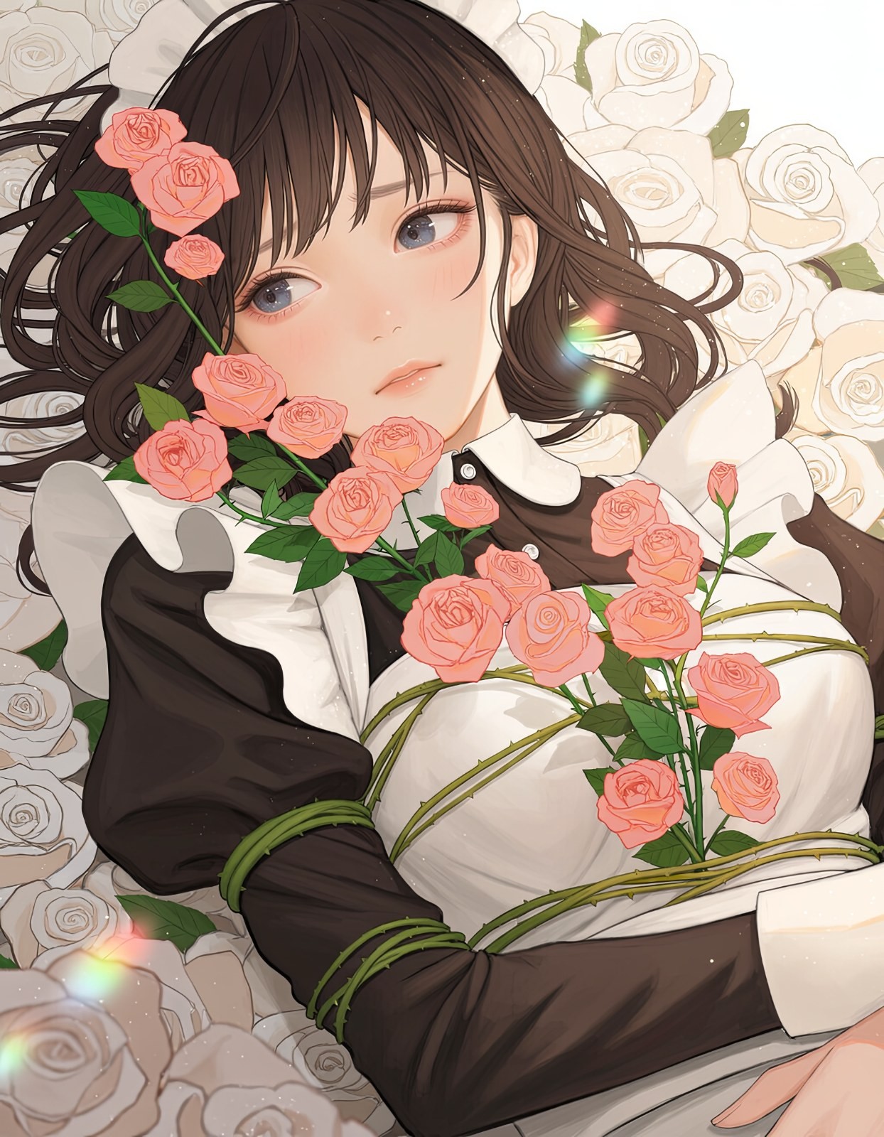 A girl in a black and white maid outfit lies among roses holding a bouquet