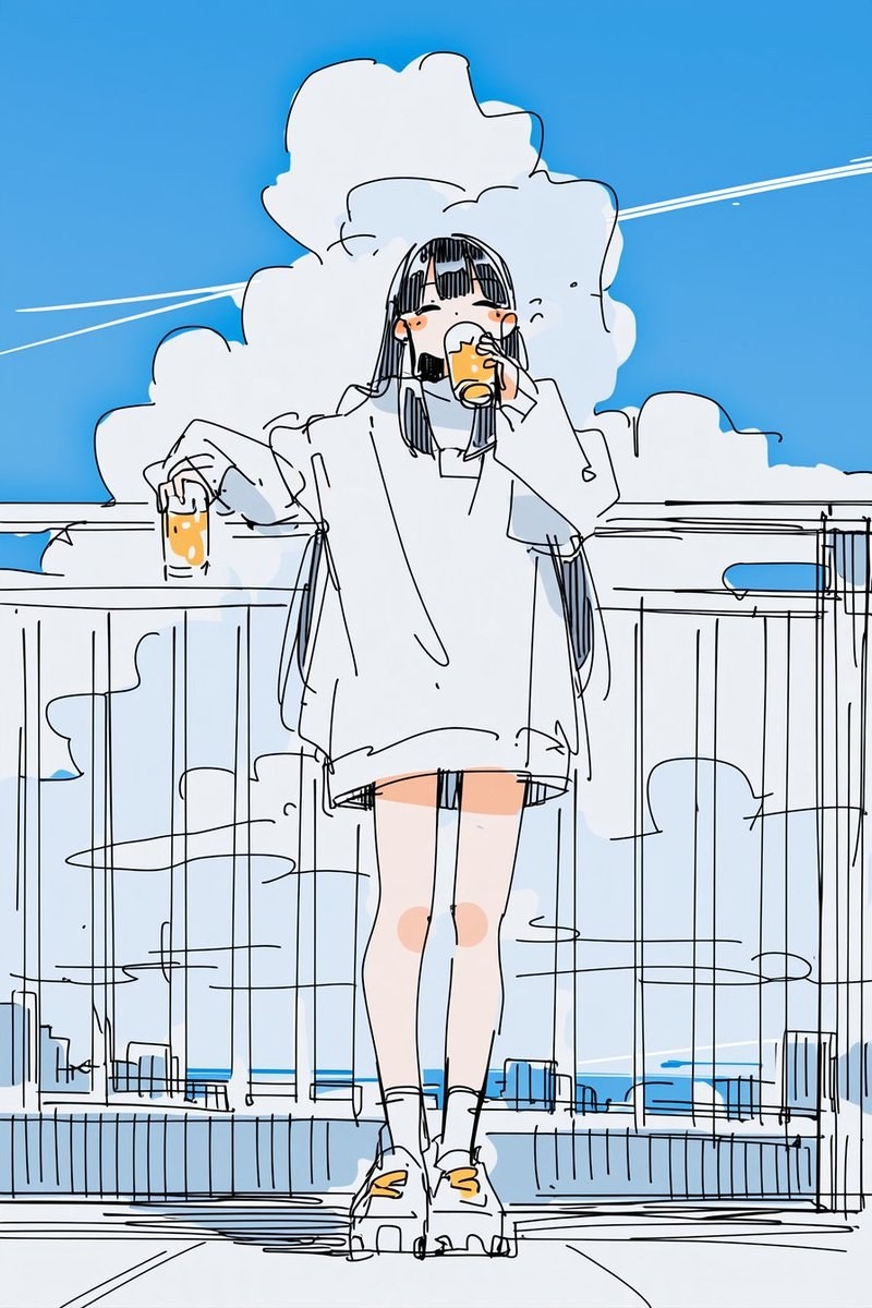 少女が屋外で飲み物を飲んでいる