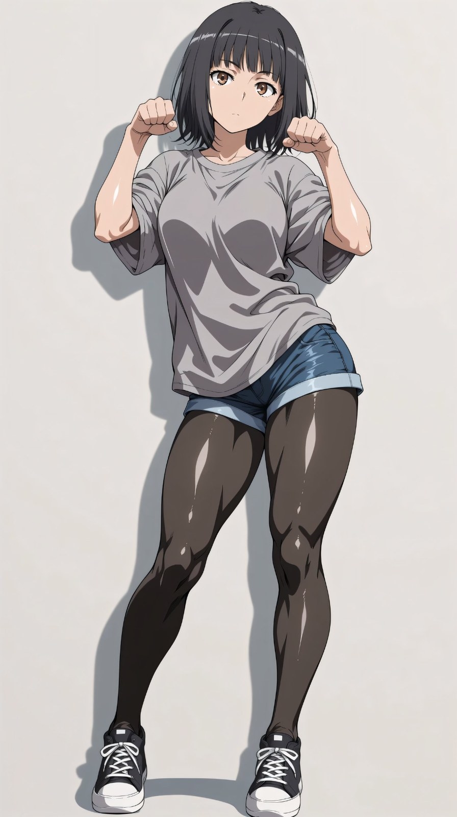 A female anime character with short black hair wearing a loose gray T-shirt and denim shorts