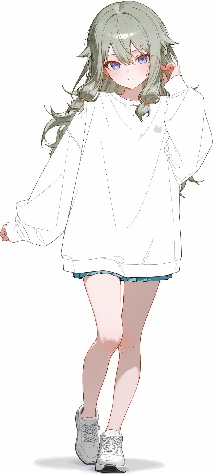 Ein Mädchen mit graugrünen Zöpfen, das einen weißen Pullover und einen blauen Faltenrock trägt