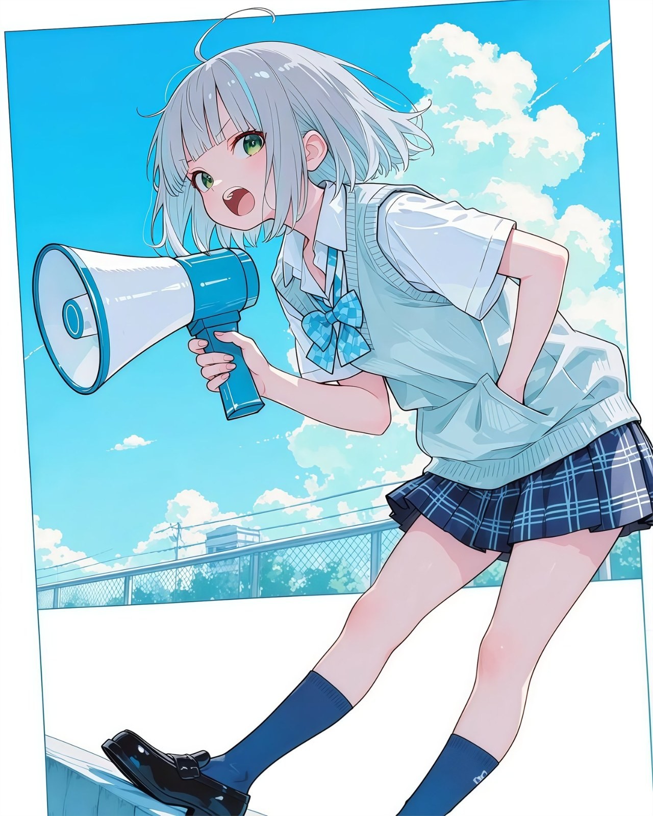silver haired green eyed girl wearing white shirt gray vest blue plaid skirt shouting with megaphone