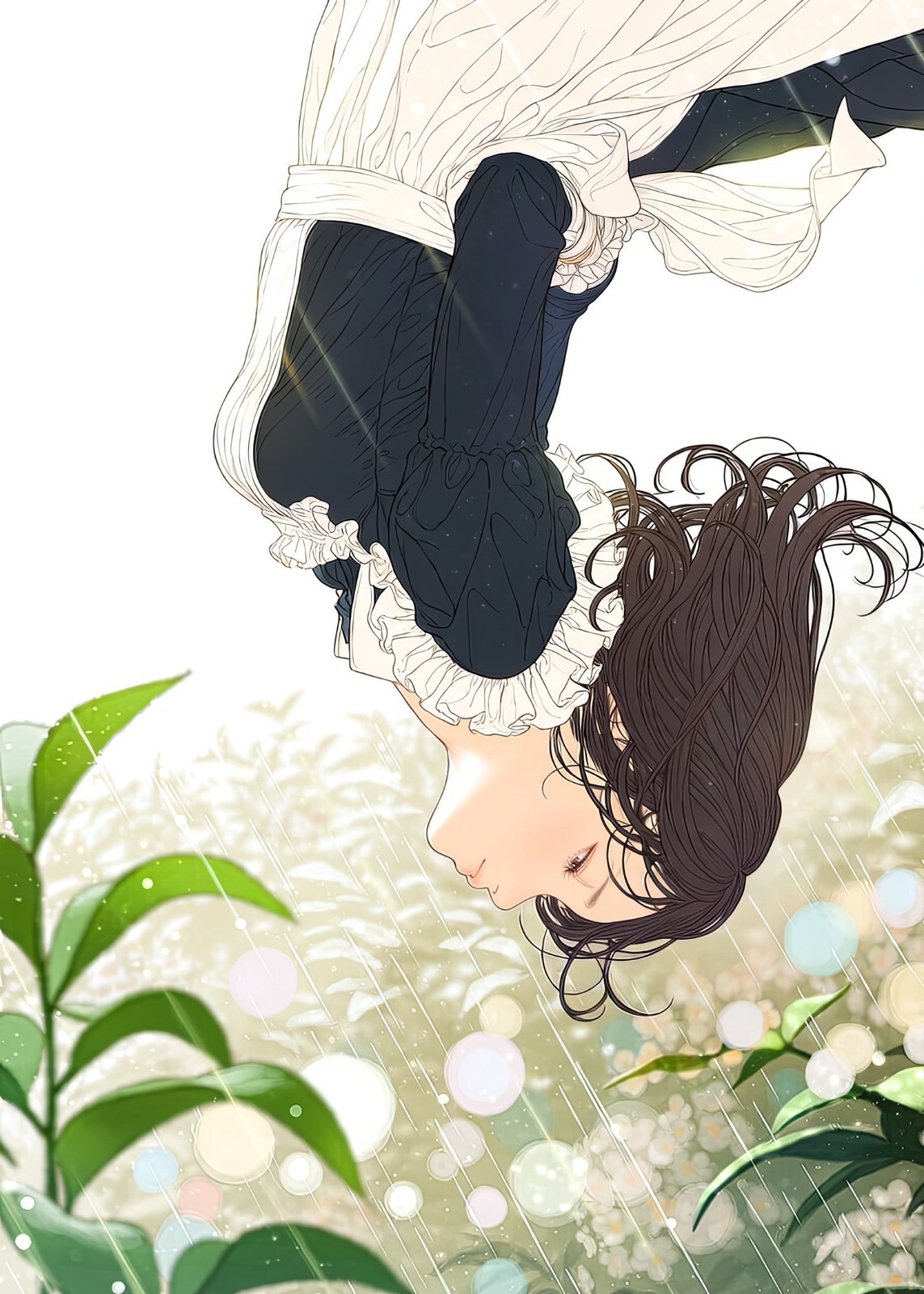 A girl in a black and white classical dress is hanging upside down in the air