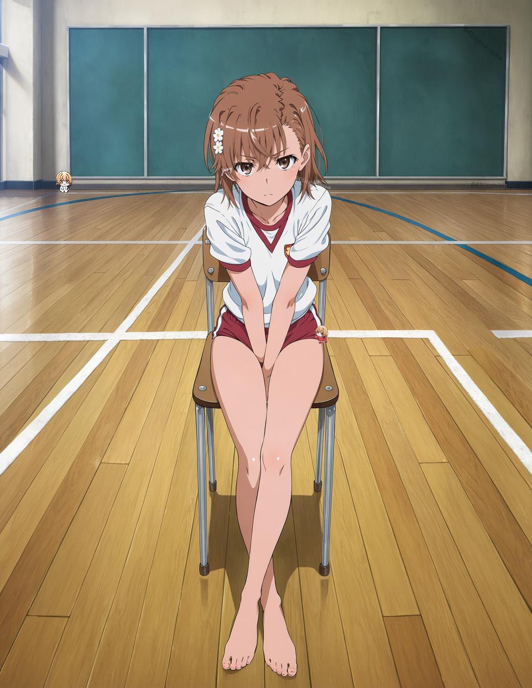 brown haired anime girl in white sportswear sitting on gym chair ideal for phone wallpaper