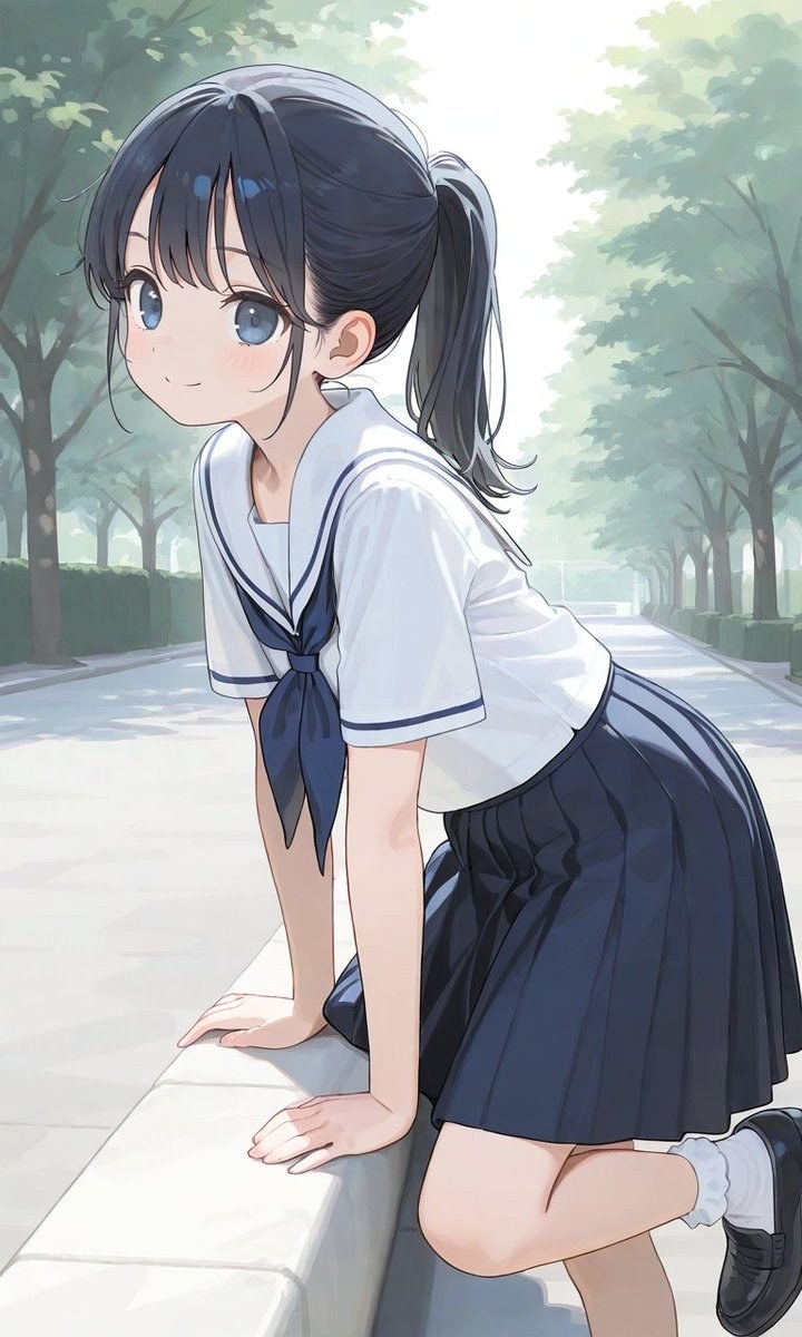 Ein mädchen mit schwarzen Pferdeschwanz in einem blauen und weißen Matrosenoutfit mit Faltenrock