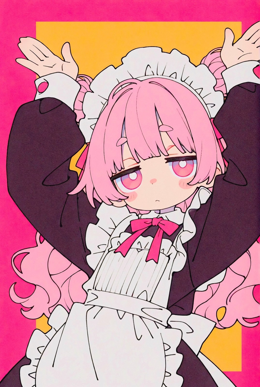 An anime girl with pink short hair wears a black and white maid outfit and assumes a helpless pose