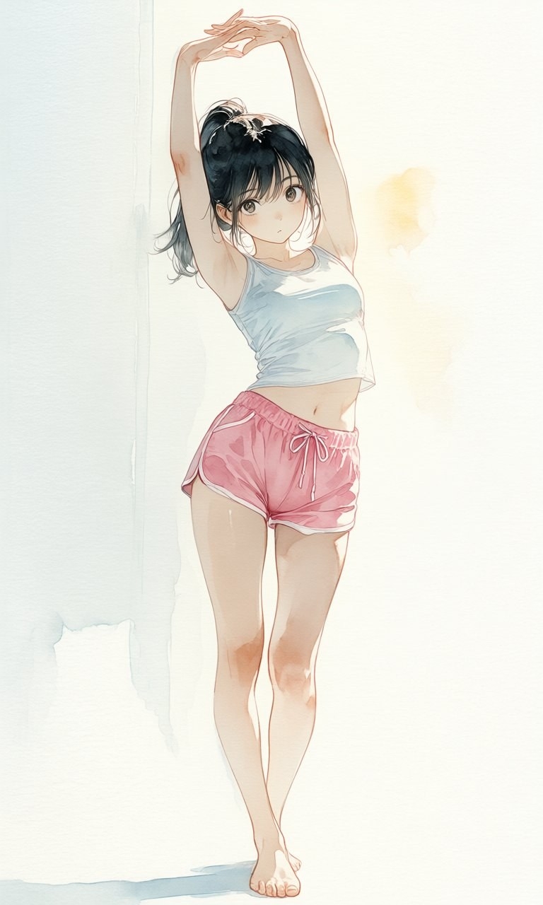 黑色马尾少女优雅地赤脚站立