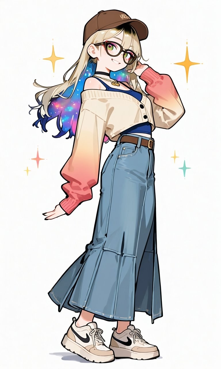A blonde girl wears an off-shoulder cardigan and high-waisted denim skirt