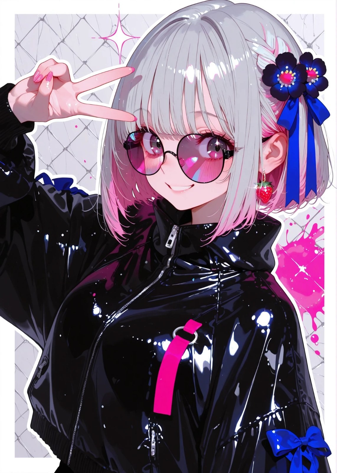 Anime girl with silver-pink gradient short hair wears pink round glasses strawberry earrings and black glossy leather zipper jacket