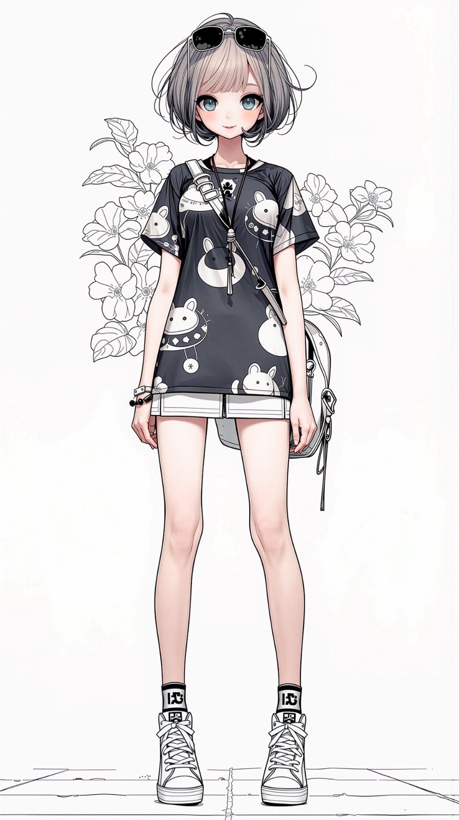 Fille de style anime portant un t-shirt noir ample et un short blanc