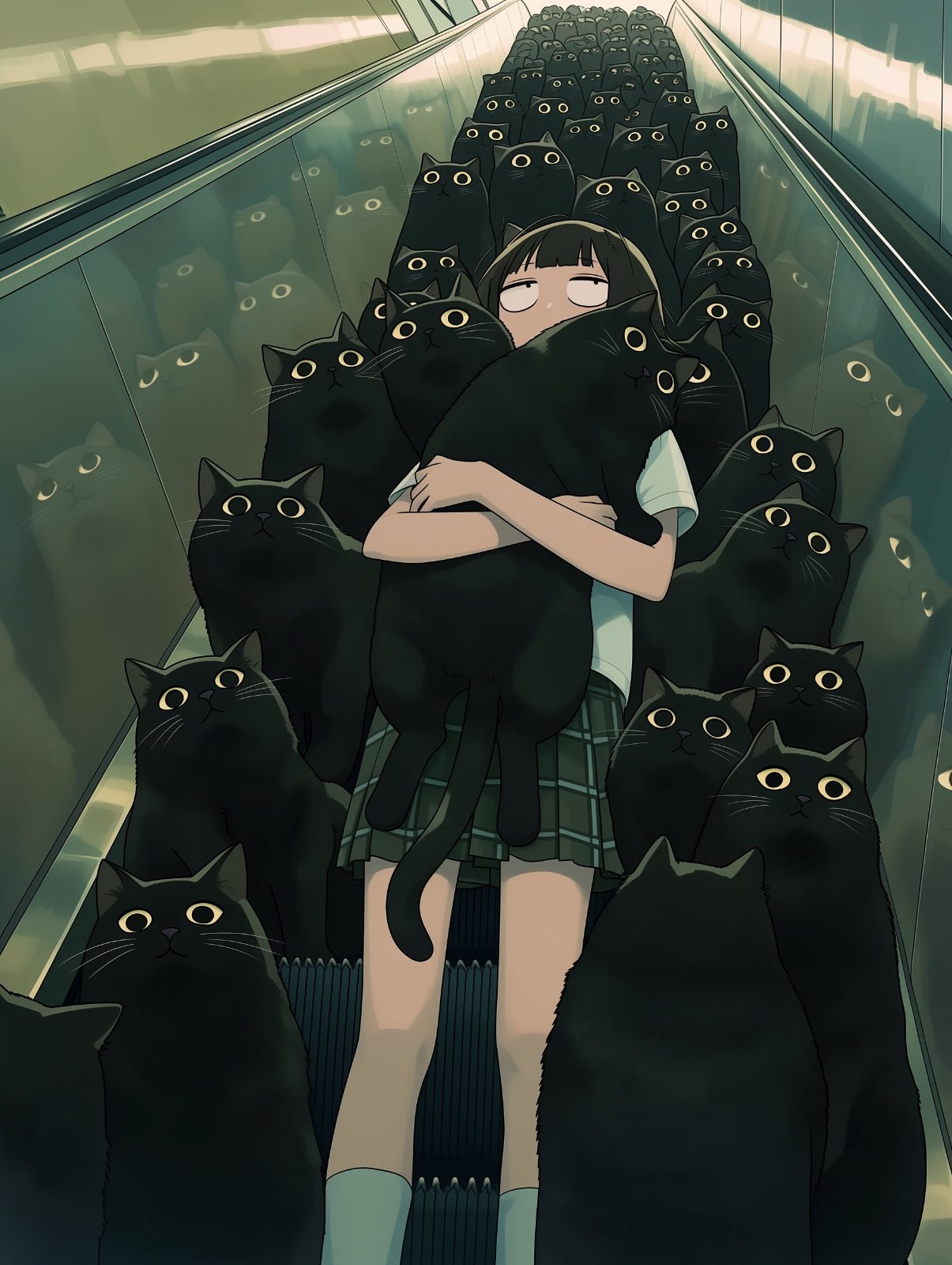 Ein Mädchen steht auf einer Rolltreppe und hält eine schwarze Katze