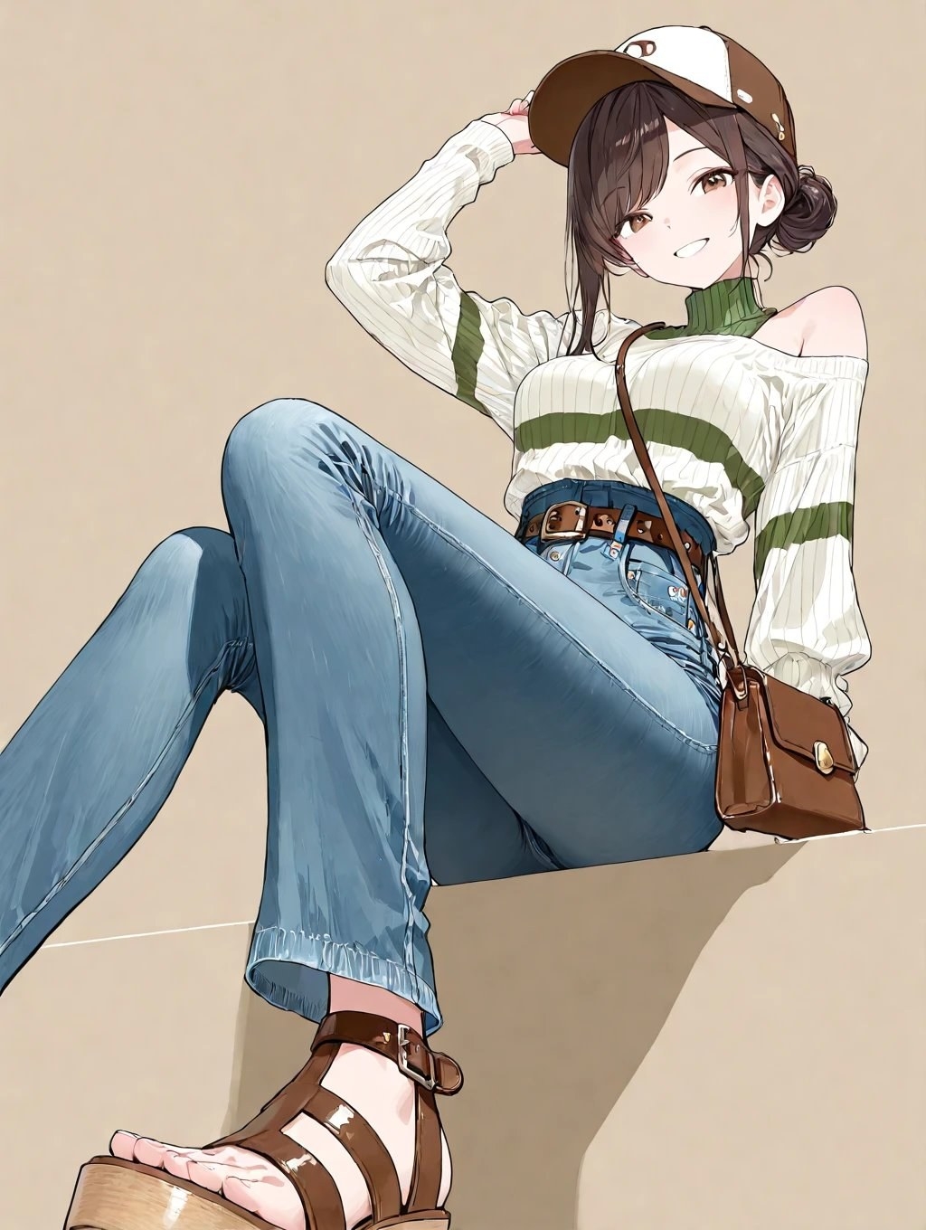 茶色の髪の女性が白と緑のストライプのハイネックセーターと青いハイウエストジーンズを着ている