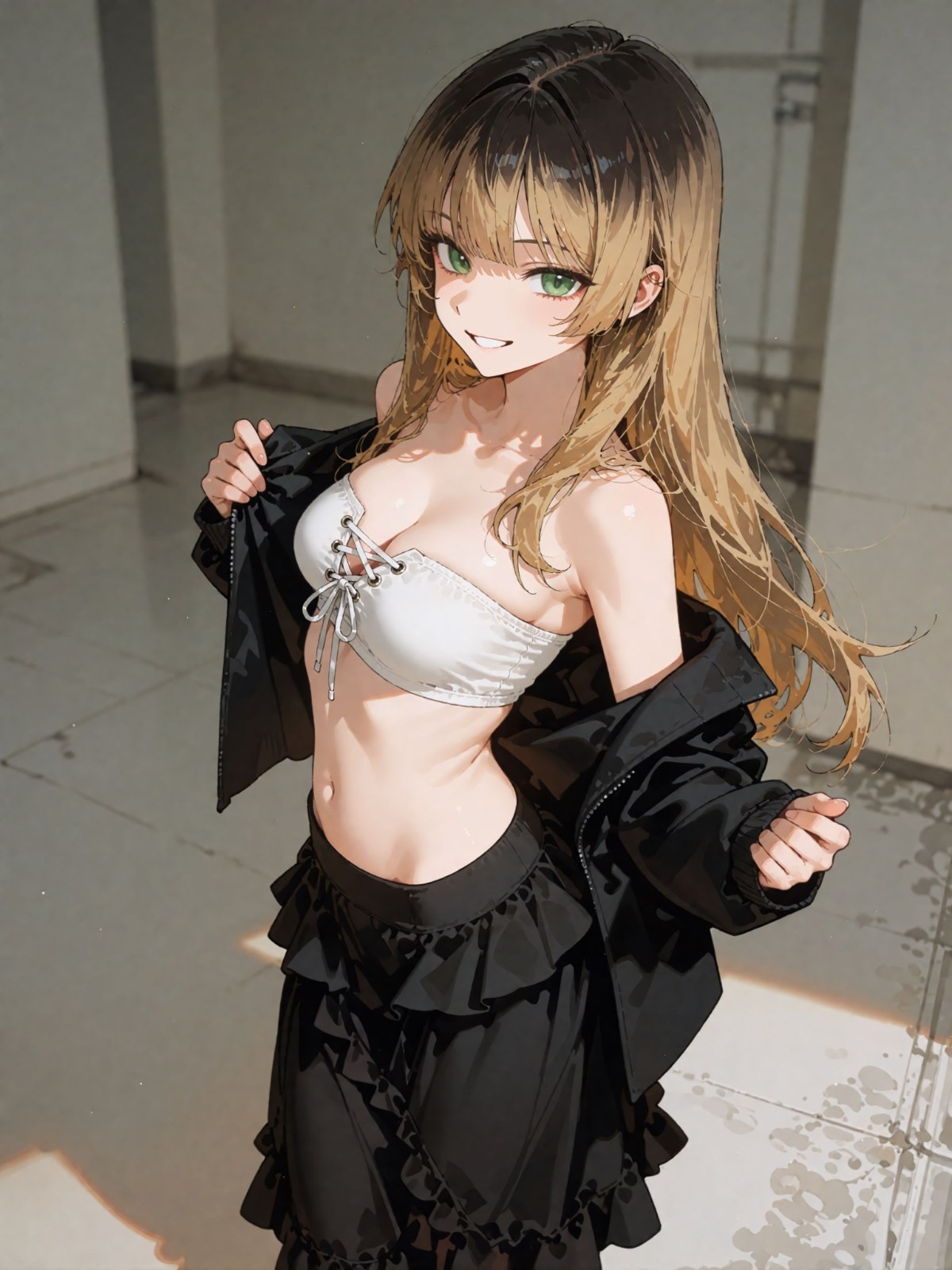 An anime-style girl showcases her outfit in a dim hallway