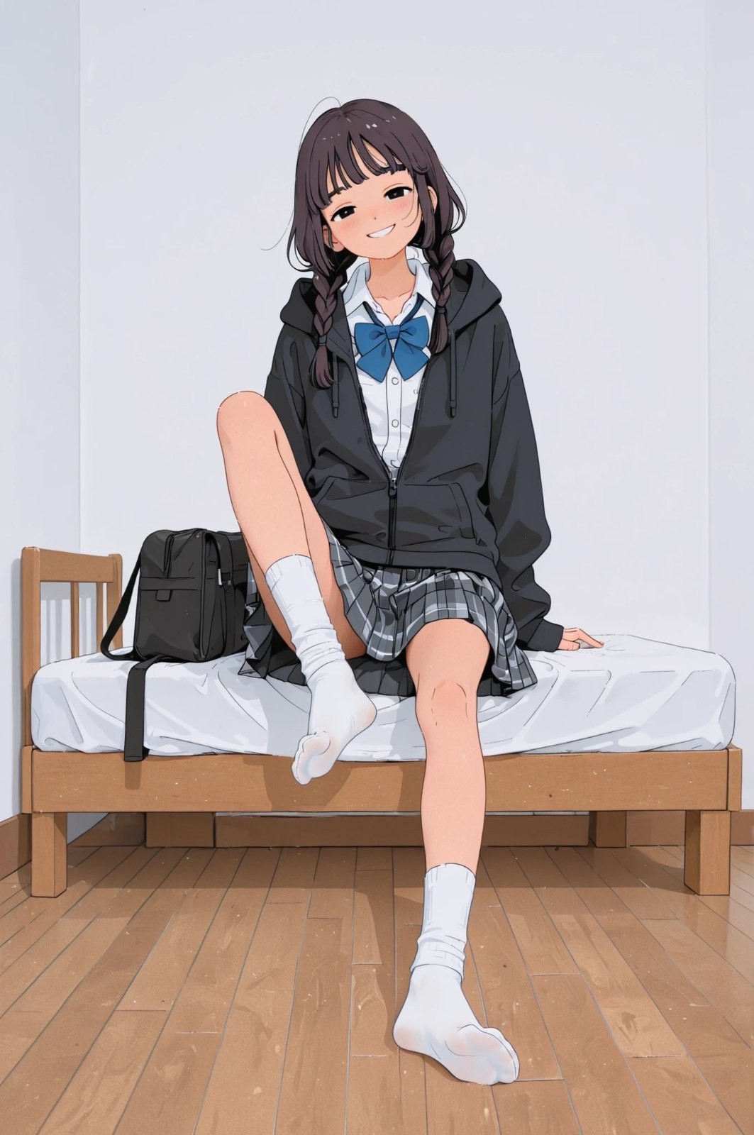 An anime-style girl is sitting on the bed wearing a white shirt, blue bow tie, black coat, and gray plaid skirt while smiling