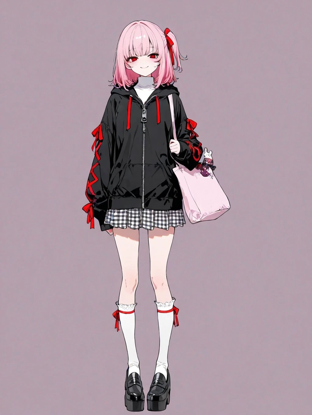 粉色短发动漫少女穿黑色外套和黑白格纹短裙