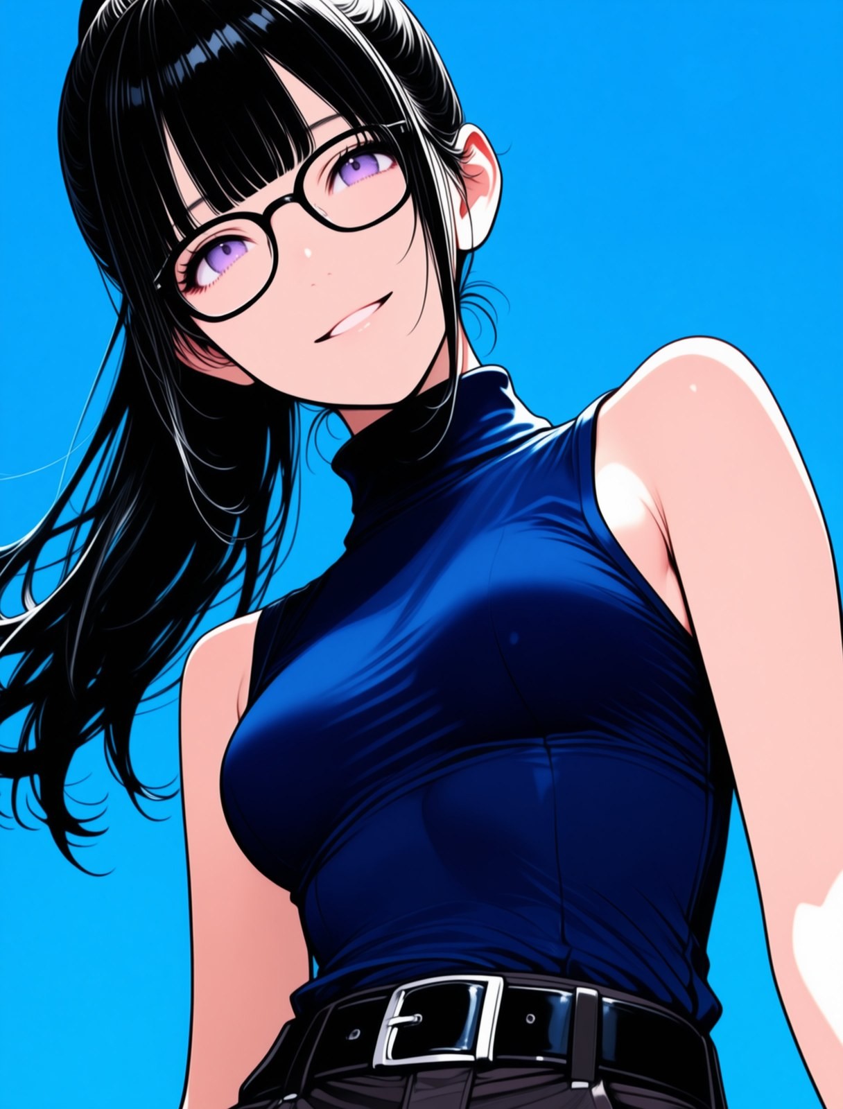 Una mujer de anime con gafas redondas negras y una coleta alta viste un traje de cuerpo sin mangas de cuello alto de color azul oscuro