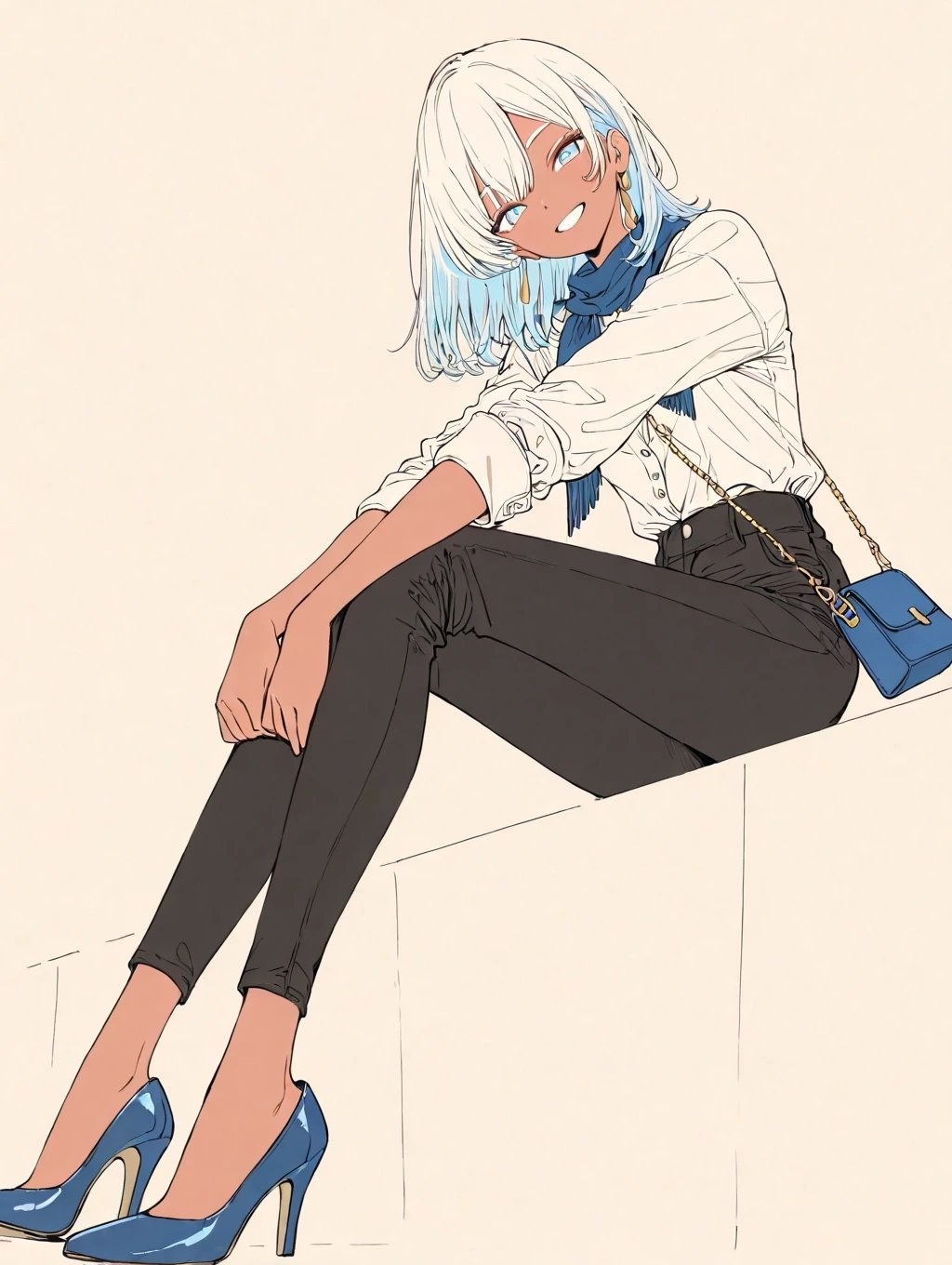 An anime woman with dark skin sits on the edge of a white cube wearing a white shirt and a blue scarf