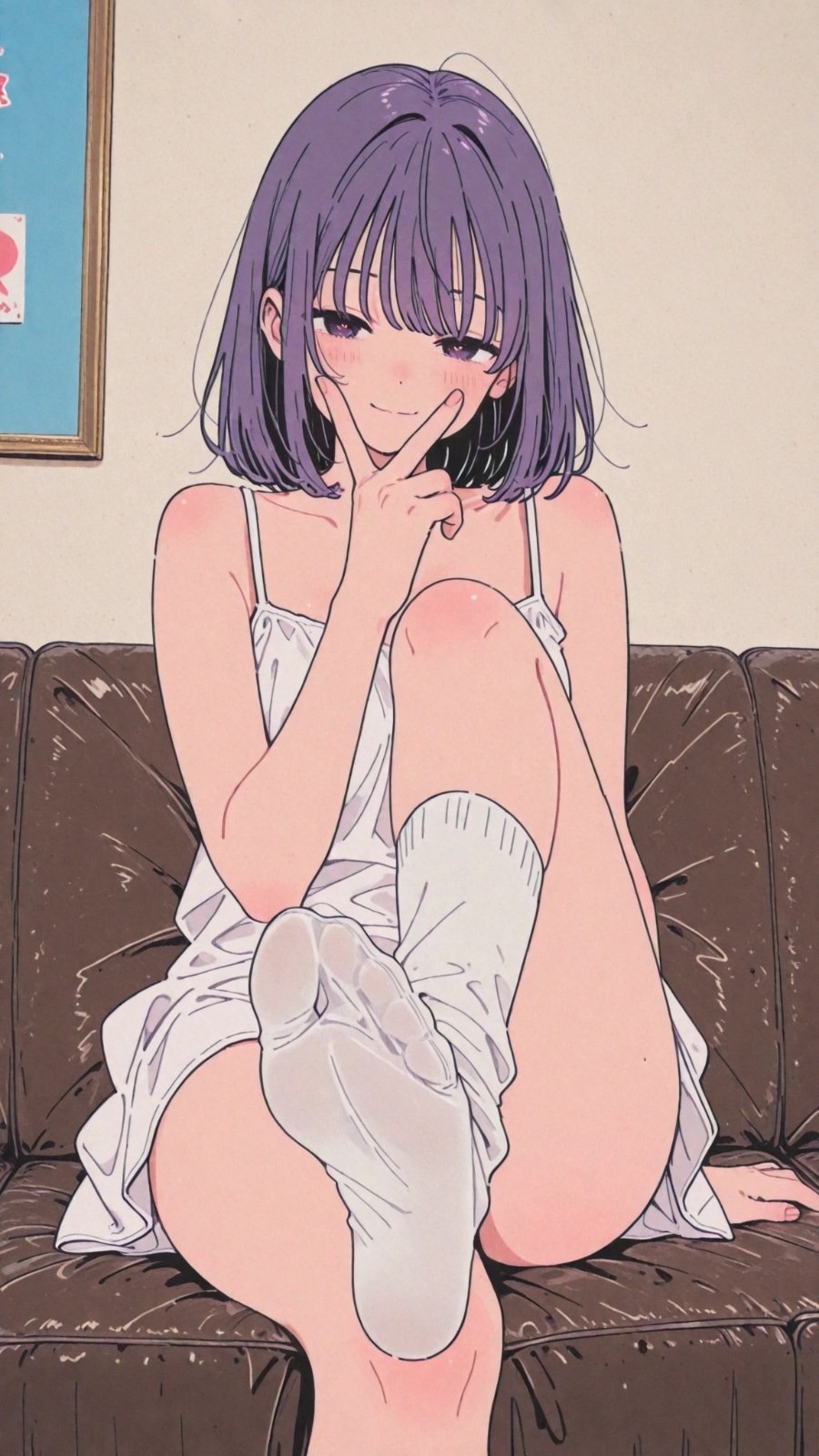 A purple-haired girl in a white dress sits on a sofa smiling and making a V sign