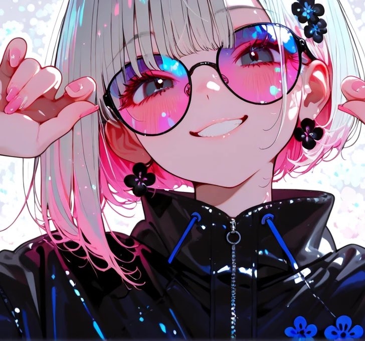 Mädchen mit silber-pinken Kurzhaarschnitt trägt pinke verspiegelte Sonnenbrille und schwarze glänzende Kapuzenjacke