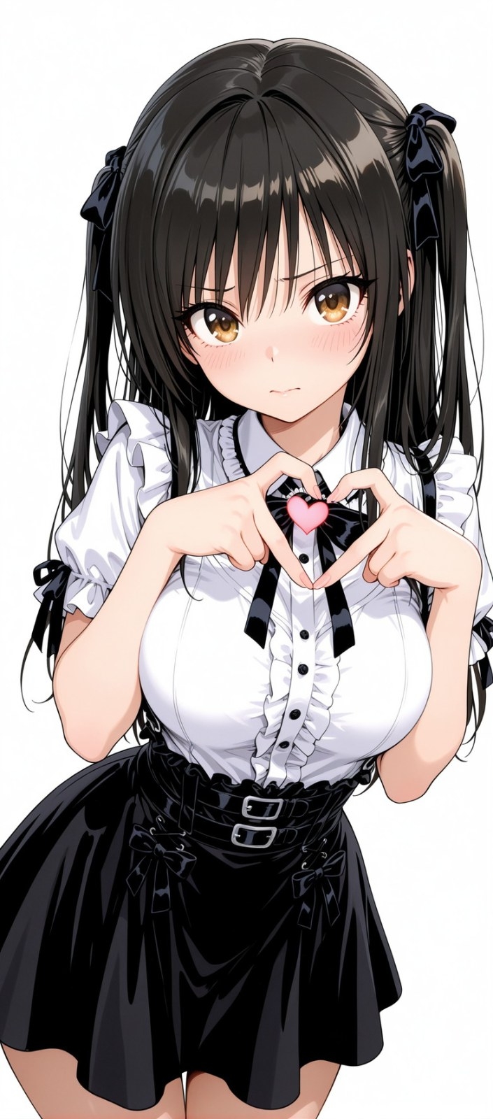A black-haired anime girl with twin tails in a white short-sleeve shirt and black pleated skirt making a heart sign