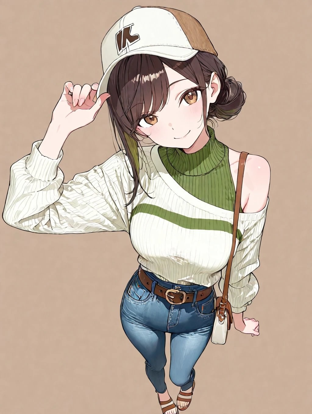 茶髪のアニメスタイルの女性が少し前かがみになり、緑のタートルネックと白のオフショルダーのストライプニットを着て、青いジーンズと茶色のサンダルを合わせています