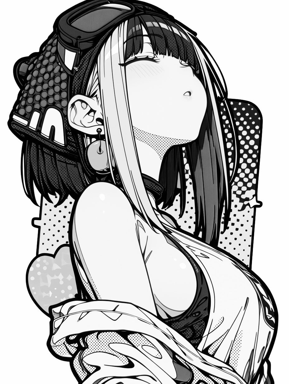 Black and white anime style illustration of a woman wearing goggles and metal earrings with a relaxed expression